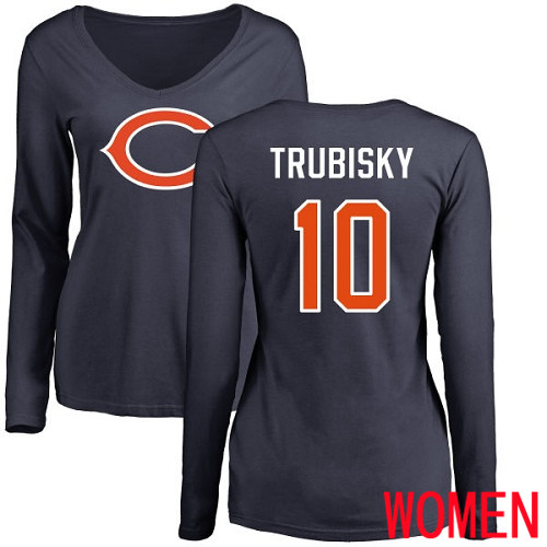 Chicago Bears Navy Blue Women Mitchell Trubisky Name and Number Logo NFL Football #10 Long Sleeve T Shirt
